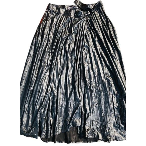 Zara Black Faux Leather Midi Skirt Belt Pleated Maxi Women XS Blogger Fave Wrap - Picture 2 of 11